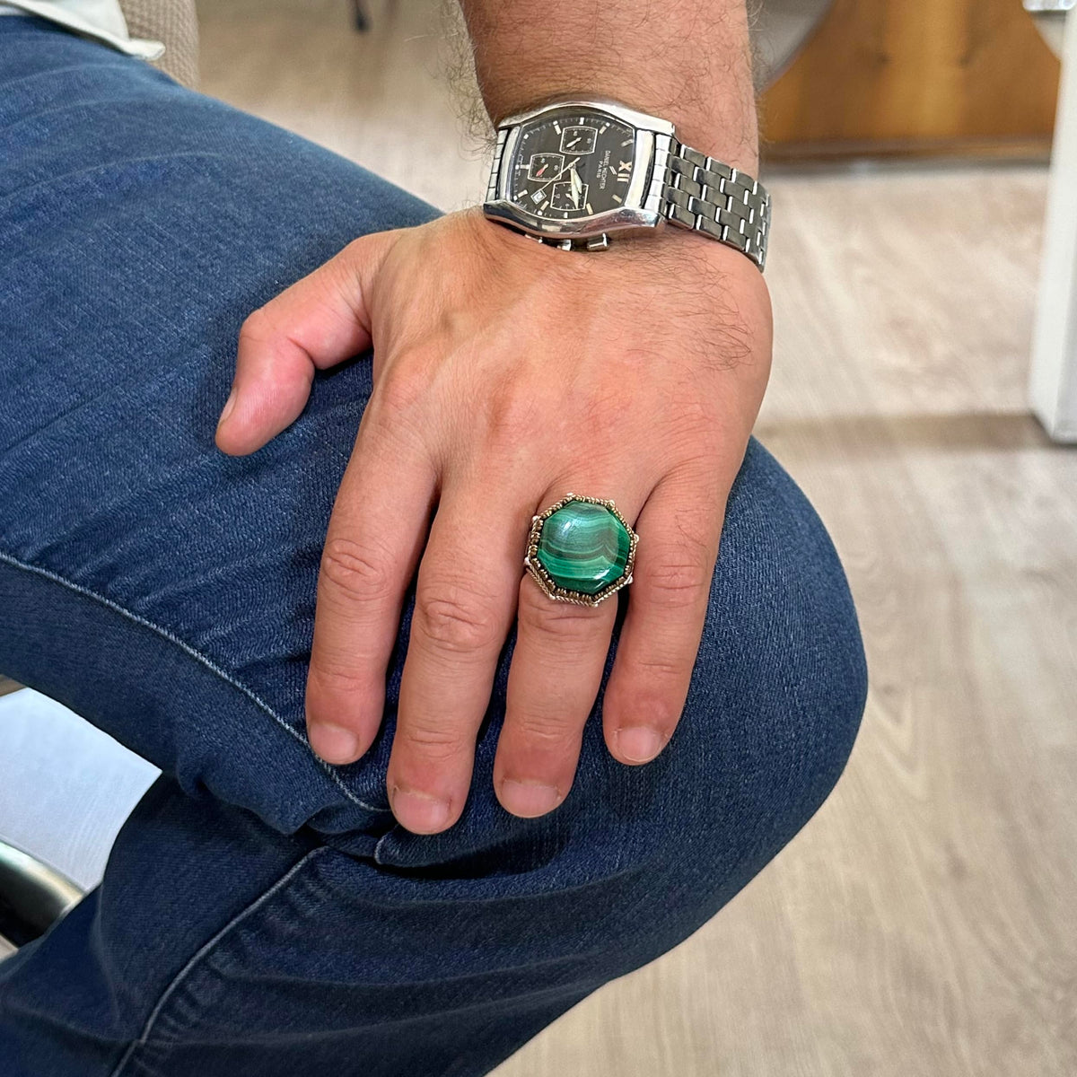 Natural Malachite Stone Octagonal Ring - Handcrafted 925 Sterling Silver Jewelry — 2