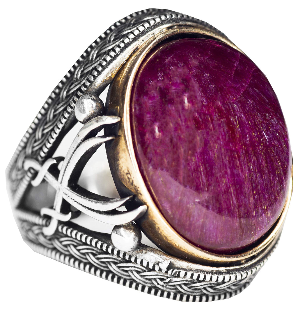 Natural Stone Ring - Silver Men's Handmade Sword Ring (Cabochon Red Ruby)