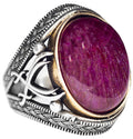Natural Stone Ring - Silver Men's Handmade Sword Ring (Cabochon Red Ruby)