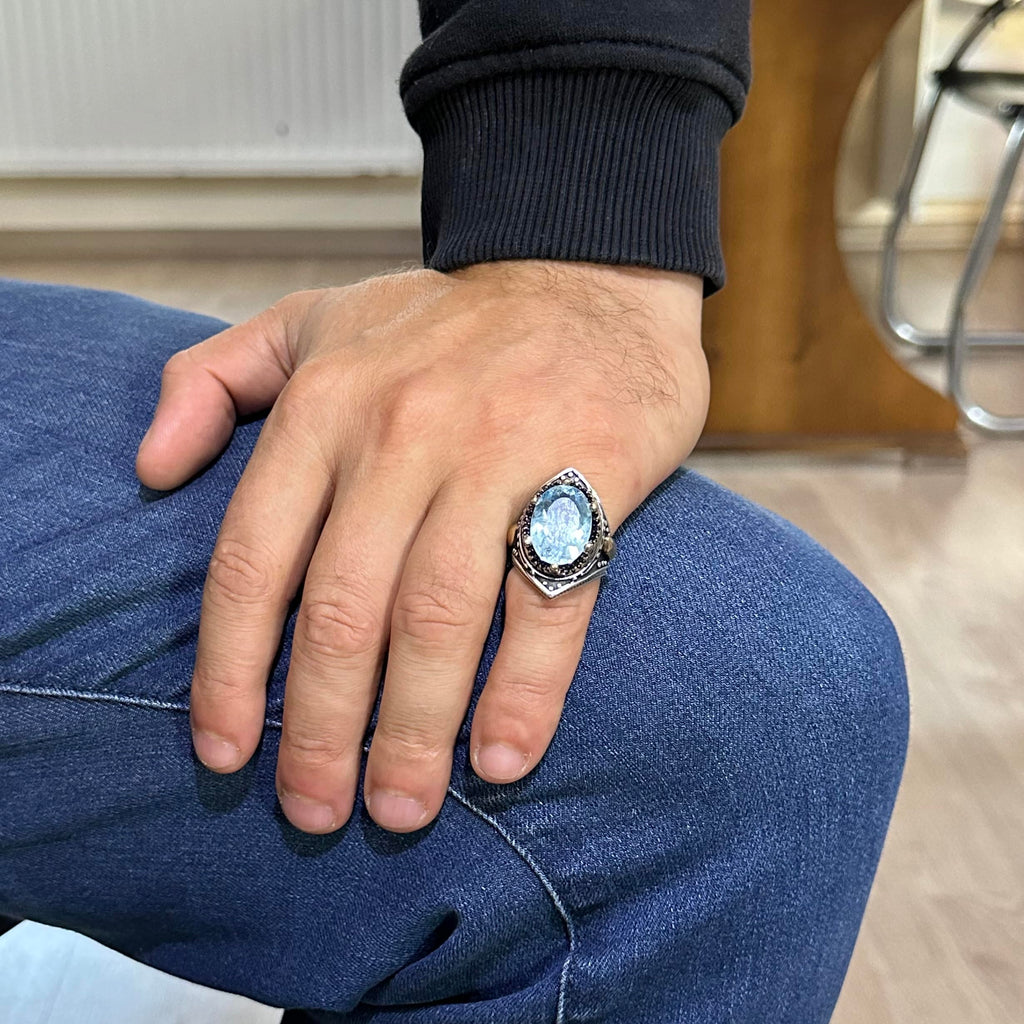 Natural Blue London Topaz Stone Ring, Silver Men's Ring — 3
