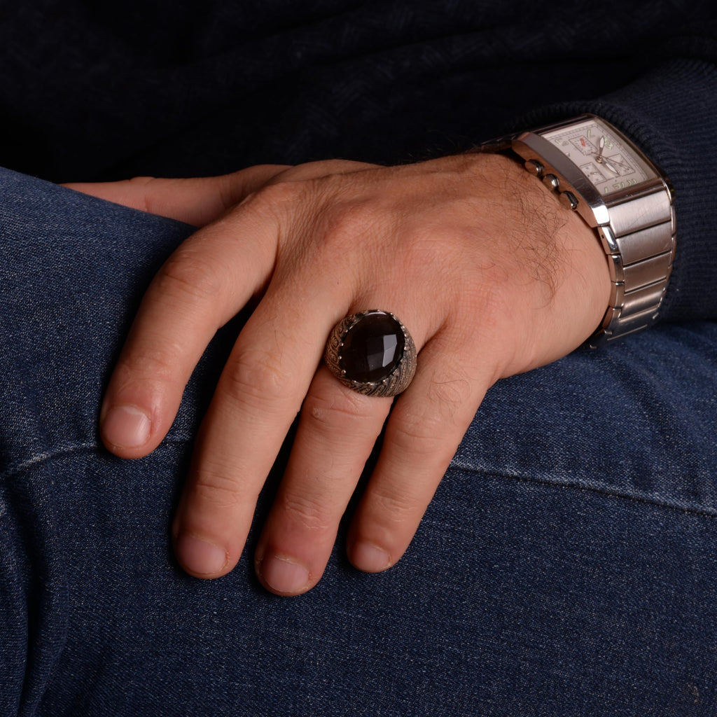 KAMBO Handmade 925 Sterling Silver Smoky Quartz Ring for Men, Genuine Natural Gemstone Statement Ring, Vintage Style Bir