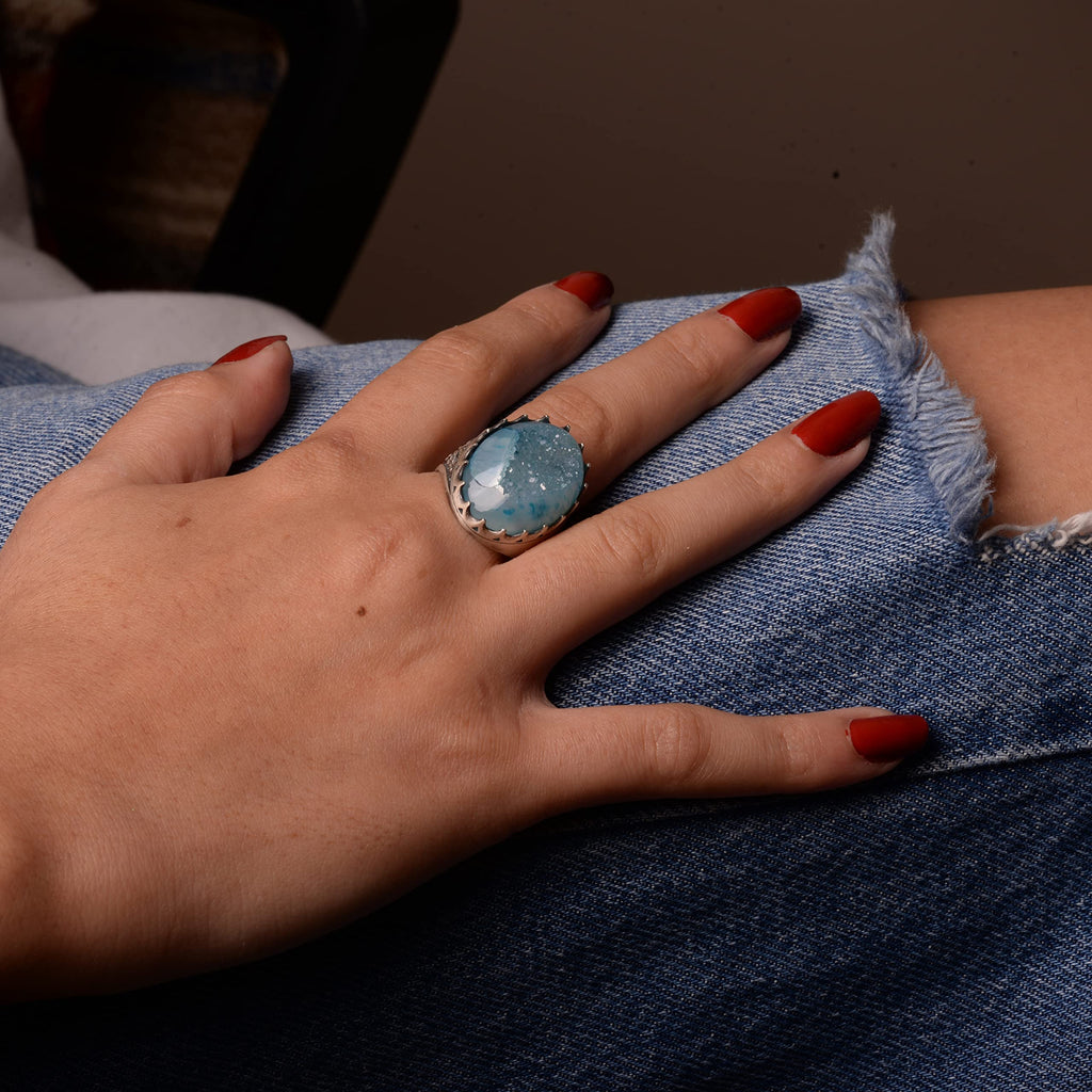 Silver Men's Ring Drusy Quartz Aqua - Shiny Stone Collection — 7