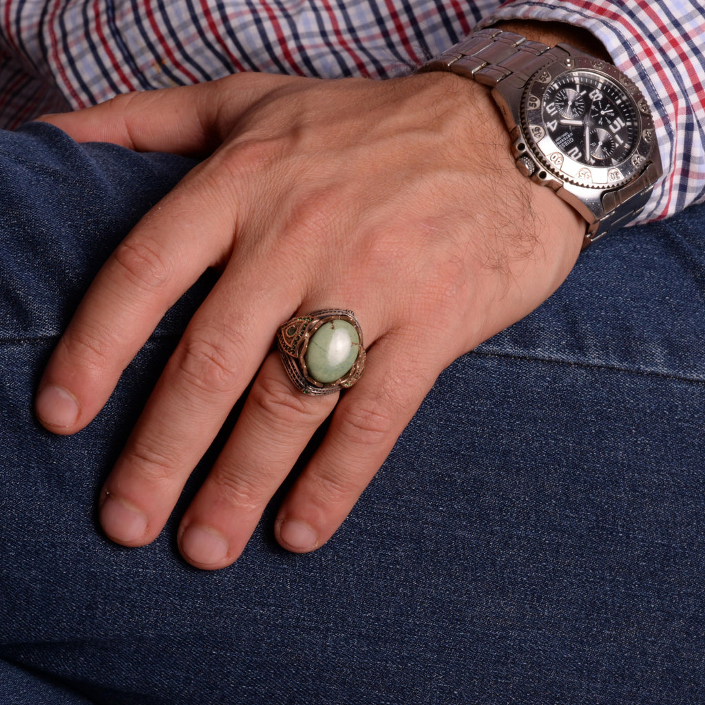 Natural Arizona Turquoise Stone Ring - 925 Sterling Silver Men's Ring (Model-4) — 3