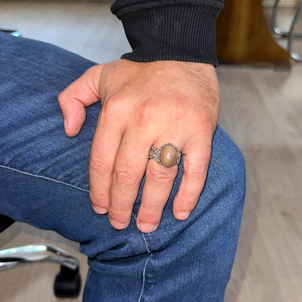 Handmade 925 Sterling Silver Men's Ring Natural Opal Stone - Leaf Pattern — 2