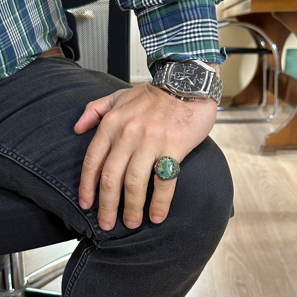 Natural Arizona Turquoise Stone Ring - Silver Men's Ring (Model-3) — 3