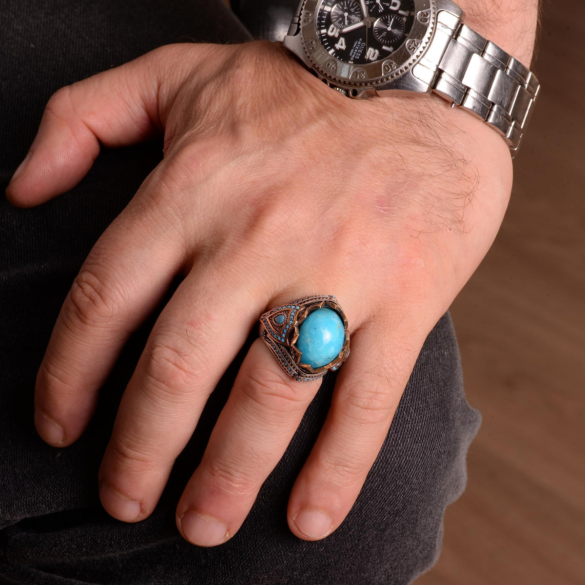 Natural Arizona Turquoise Stone Ring, 925 Sterling Silver Ring (Model-6) — 3