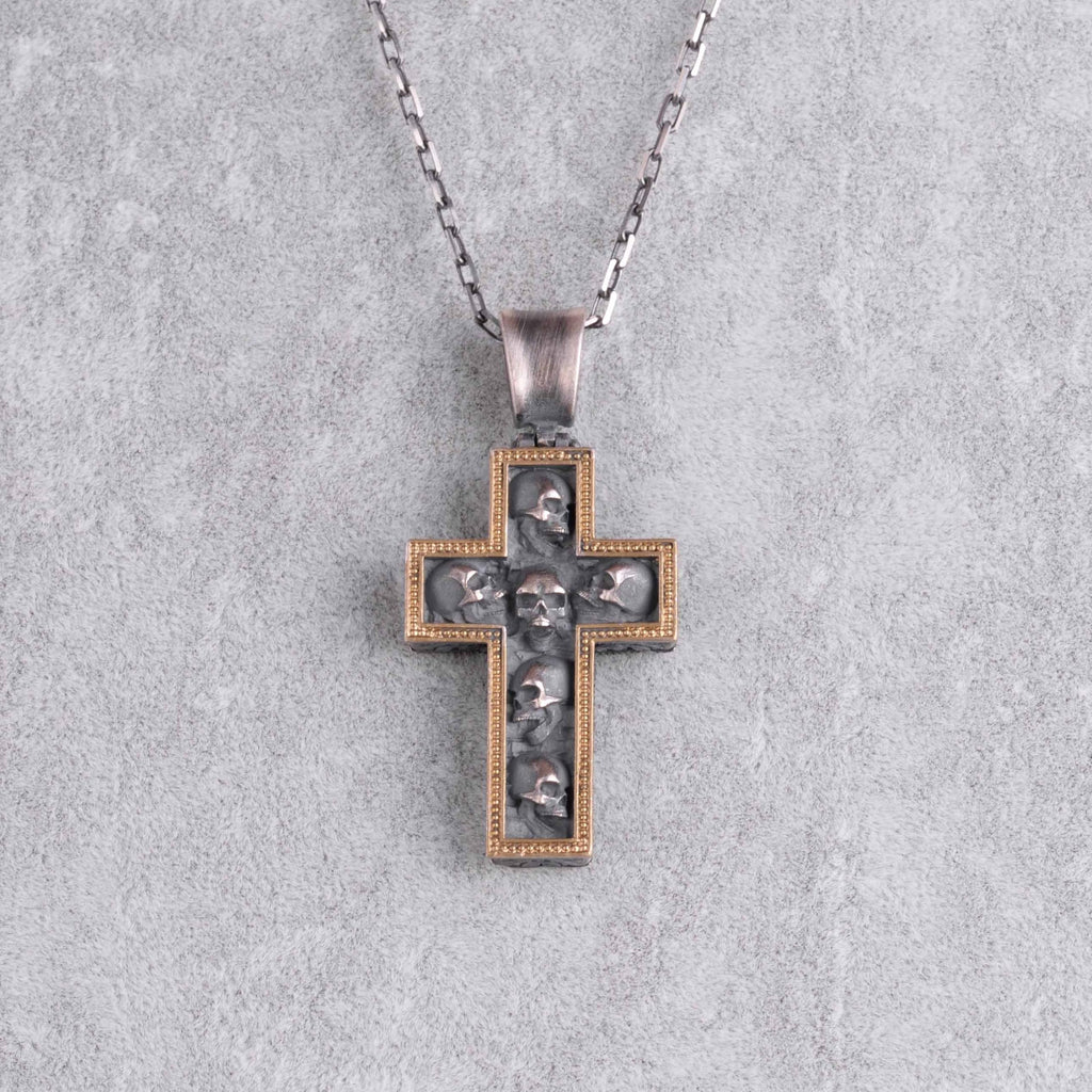 KAMBO 925 Sterling Silver Skull Cross Necklace - Handmade Gothic Pendant with Skull Motif - Symbol of Mortality and Inner Strength (Gold Plated) — 4