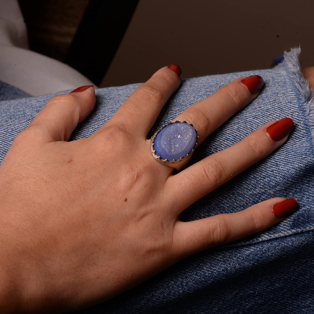 Silver Men's Ring Drusy Quartz Natural Stone — 6