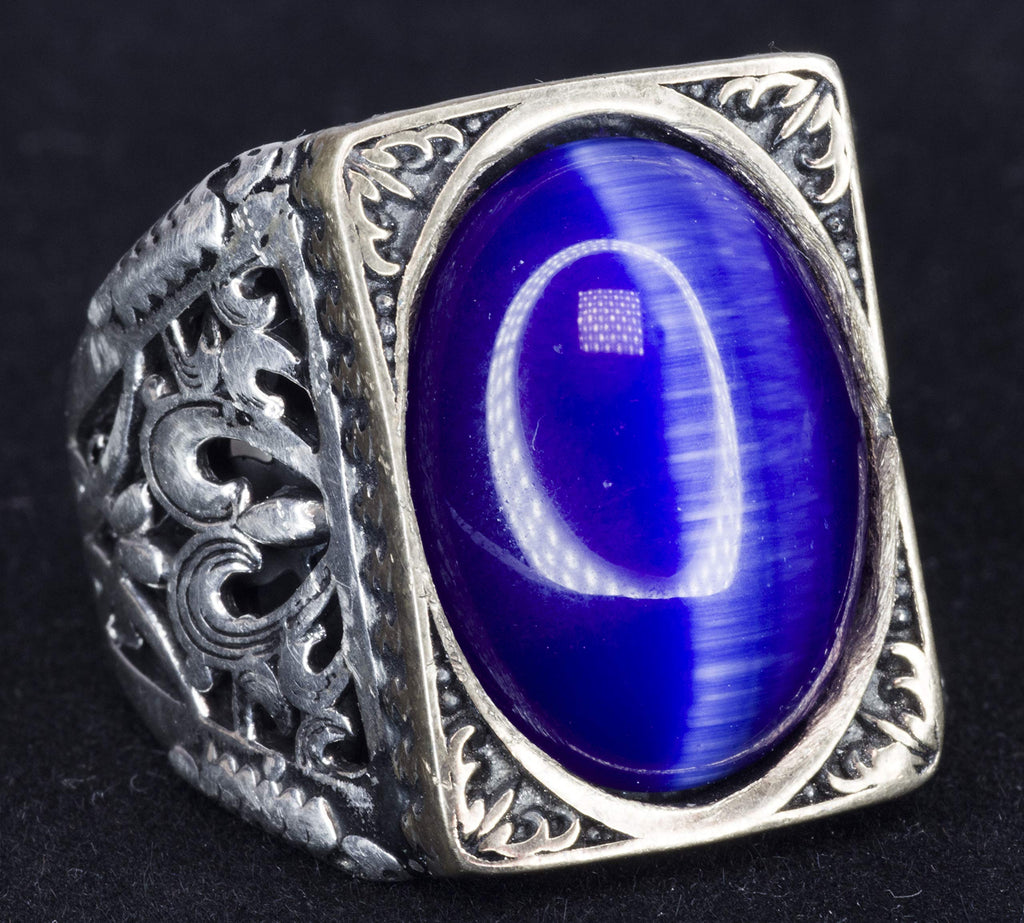 KAMBO Men's Silver Ring with Blue Cat's Eye Stone, Vintage Eagle Claw Design — 5