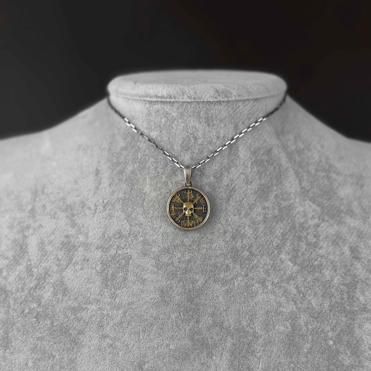 KAMBO 925 Sterling Silver Skull Necklace – Viking Compass Vegvisir with Scandinavian Runes – Handmade Scandinavian Amulet (Gold Plated) — 3
