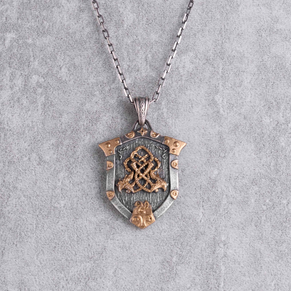 KAMBO 925 Sterling Silver Viking Shield Necklace for Men – Twin Dragon Knot Amulet – Scandinavian Mythology Protection Jewelry (Silver Gold Plated) — 4