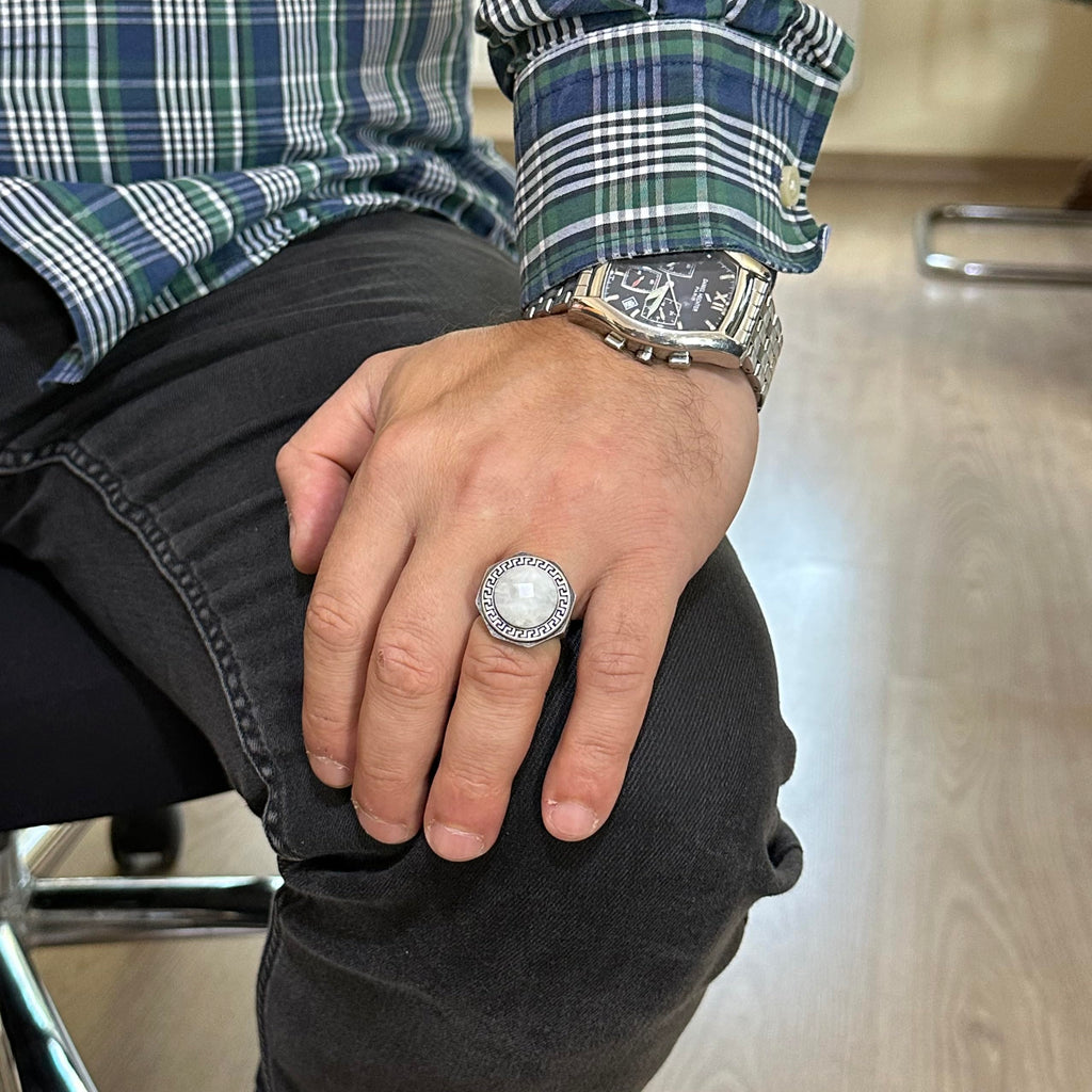 Natural Stone Ring - 925 Sterling Silver Handmade Men's Ring (Moonstone) — 3