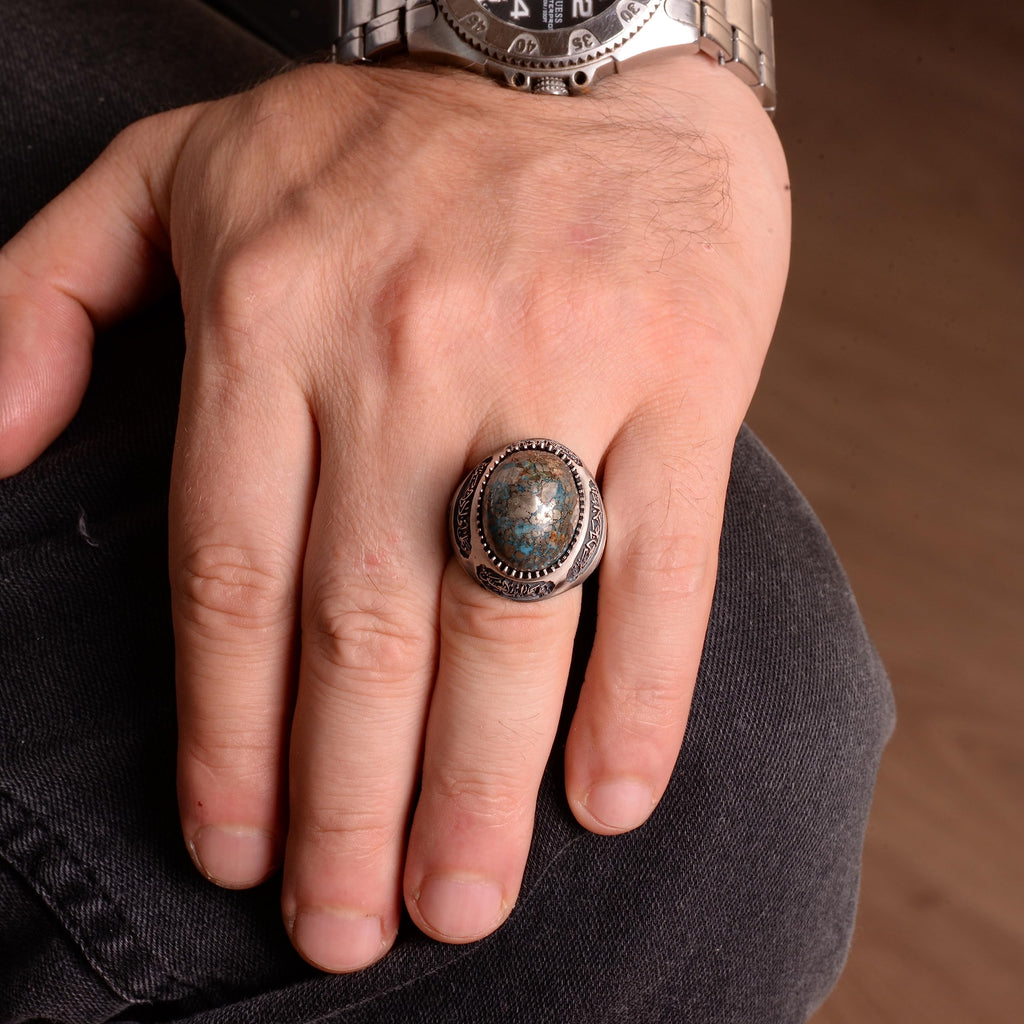 Handmade 925 Sterling Silver Ring with Natural Turquoise Stone and Islamic Calligraphy - Men's Jewelry — 6