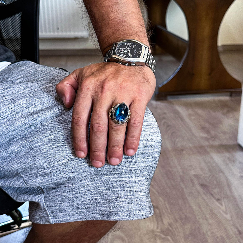 925 Sterling Silver Men's Ring, Synthetic Aquamarine Stone, Handcrafted Vintage Design Statement Ring — 3