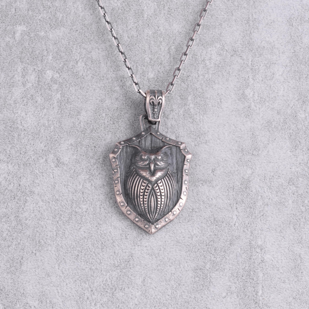 KAMBO 925 Sterling Silver Owl Shield Necklace – Handmade Amulet Necklace Symbolizing Wisdom, Protection, and Intuition (Silver) — 4