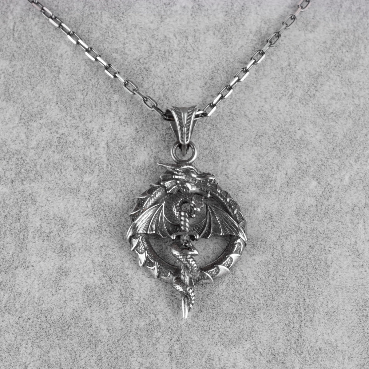 KAMBO 925 Sterling Silver Chain Dragon Necklace – Medieval Winged Dragon Sword Necklace – Oxidized Legendary Men's Statement Jewelry — 4
