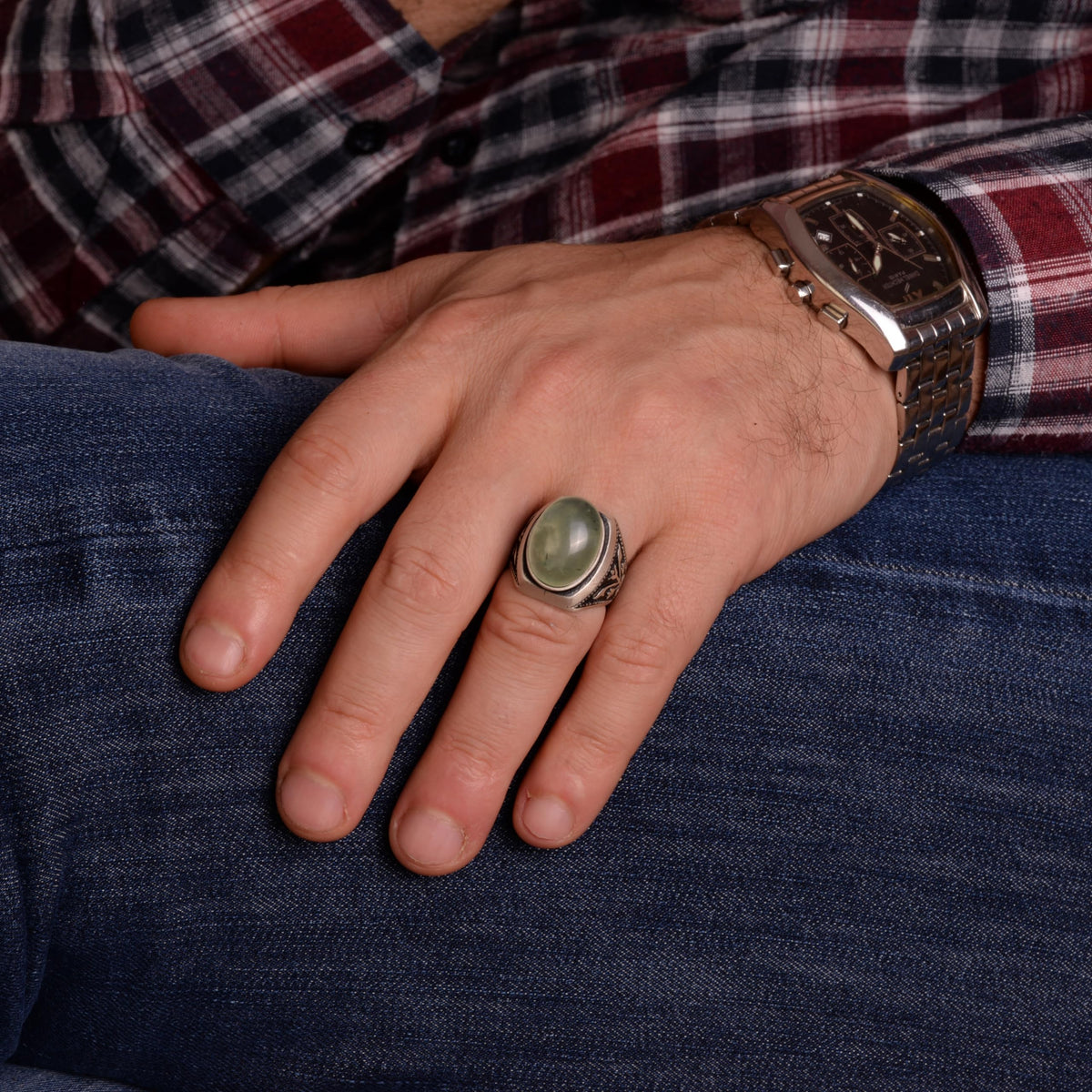 Natural Malachite Stone Silver Men's Ring — 2