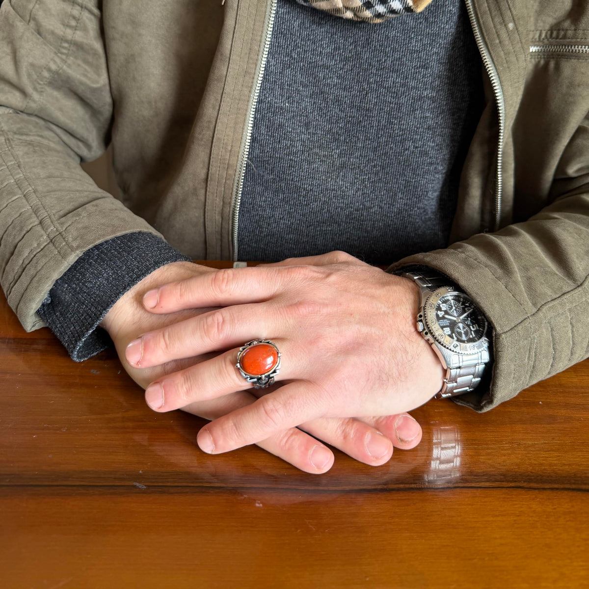 KAMBO Natural Stone Ring 925 Sterling Silver – Handmade Men's Statement Ring Healing Jewelry (Red Bloodstone) — 3