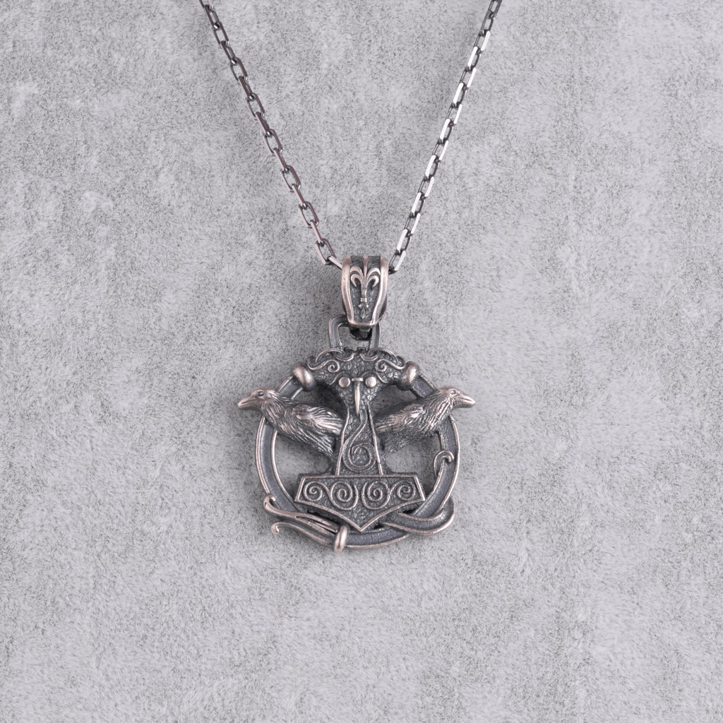 KAMBO 925 Sterling Silver Odin's Ravens Necklace – Huginn & Muninn Viking Mjölnir Protection Amulet (Silver) — 5