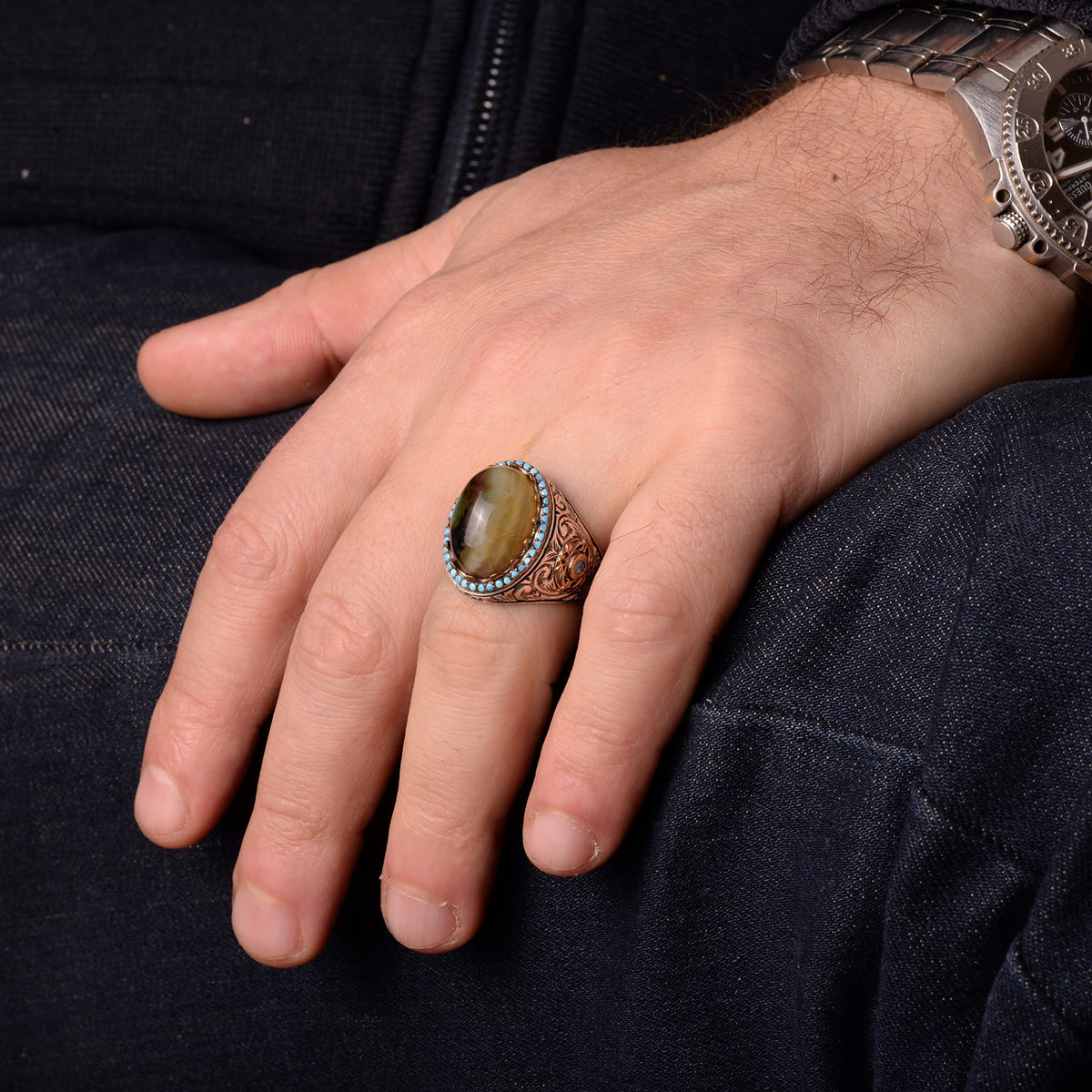 Natural Agate Stone Men's Ring - 925 Sterling Silver — 7
