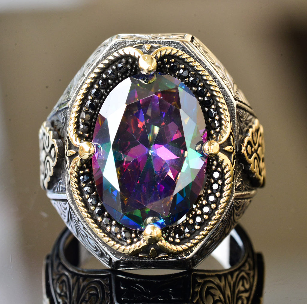 Handmade Silver Men's Ring - Synthetic Mystic Topaz Stone — 5