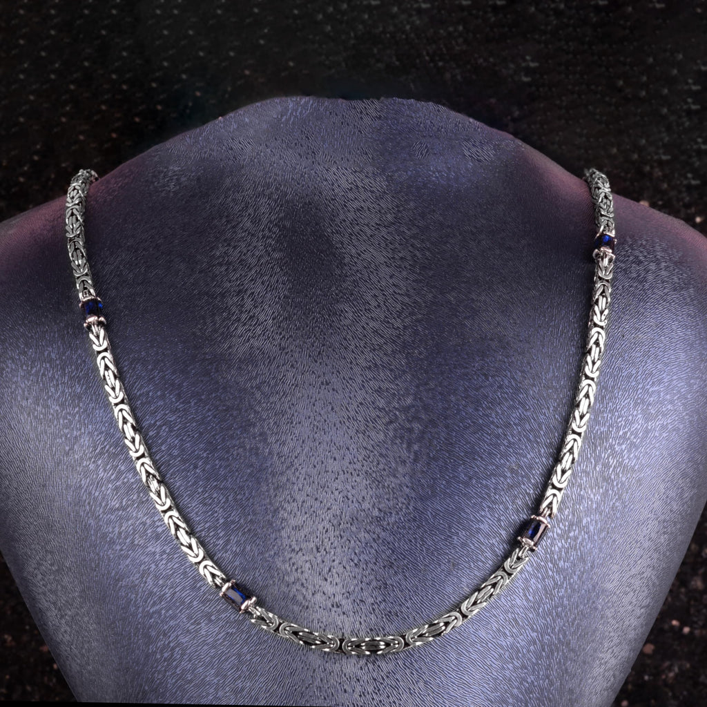 KAMBO Blue Sapphire Men's Creation – 925 Sterling Silver Byzantine Style Geometric Pattern Chain Bracelet and Necklace Set – Handmade Vintage Masculine Jewelry (Bracelet) — 2