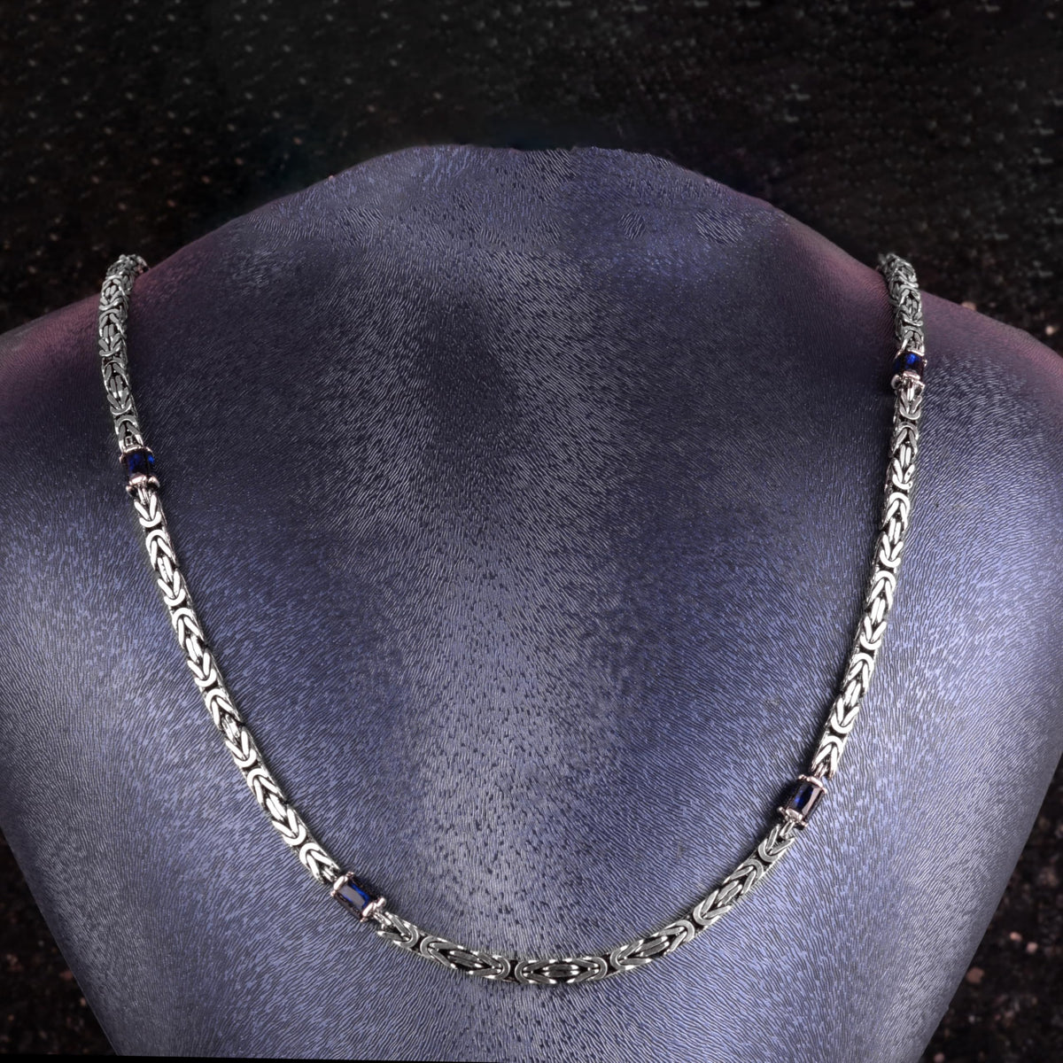 KAMBO Blue Sapphire Men's Creation – 925 Sterling Silver Byzantine Style Geometric Pattern Chain Bracelet and Necklace Set – Handmade Vintage Masculine Jewelry (Bracelet) — 2