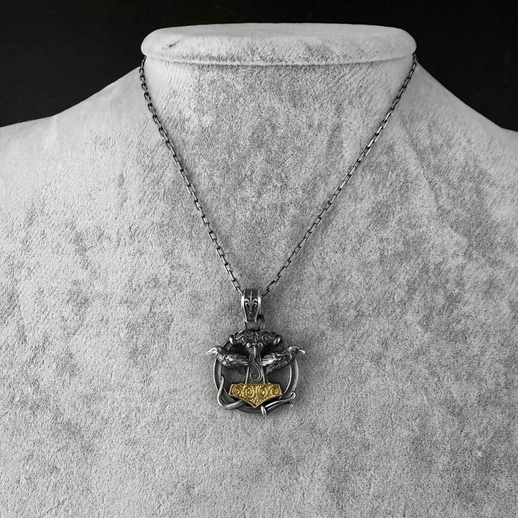 KAMBO 925 Sterling Silver Odin's Ravens Necklace – Huginn & Muninn Viking Mjölnir Protection Amulet (Gold Plated) — 3