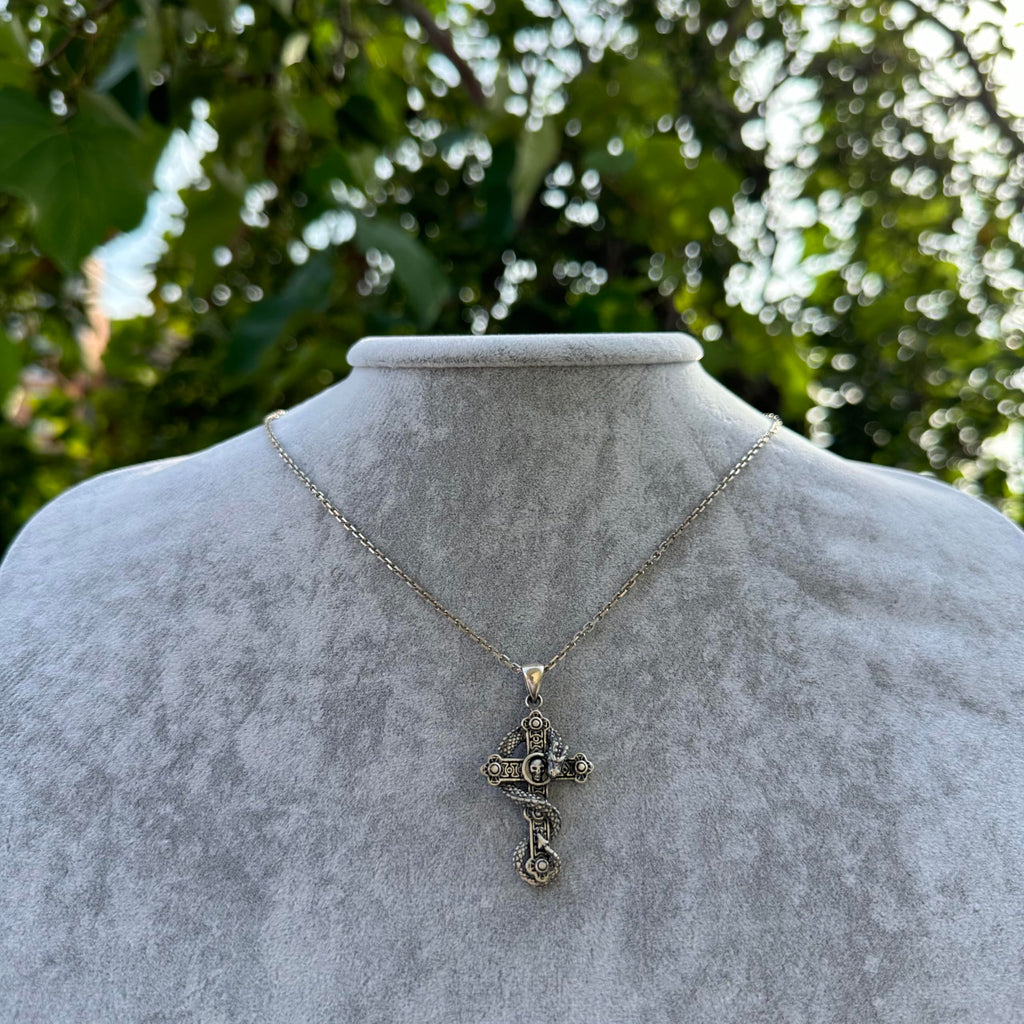 Kambo Silver Cross Necklace with Snake Design, 925K Silver Men's Necklace — 6