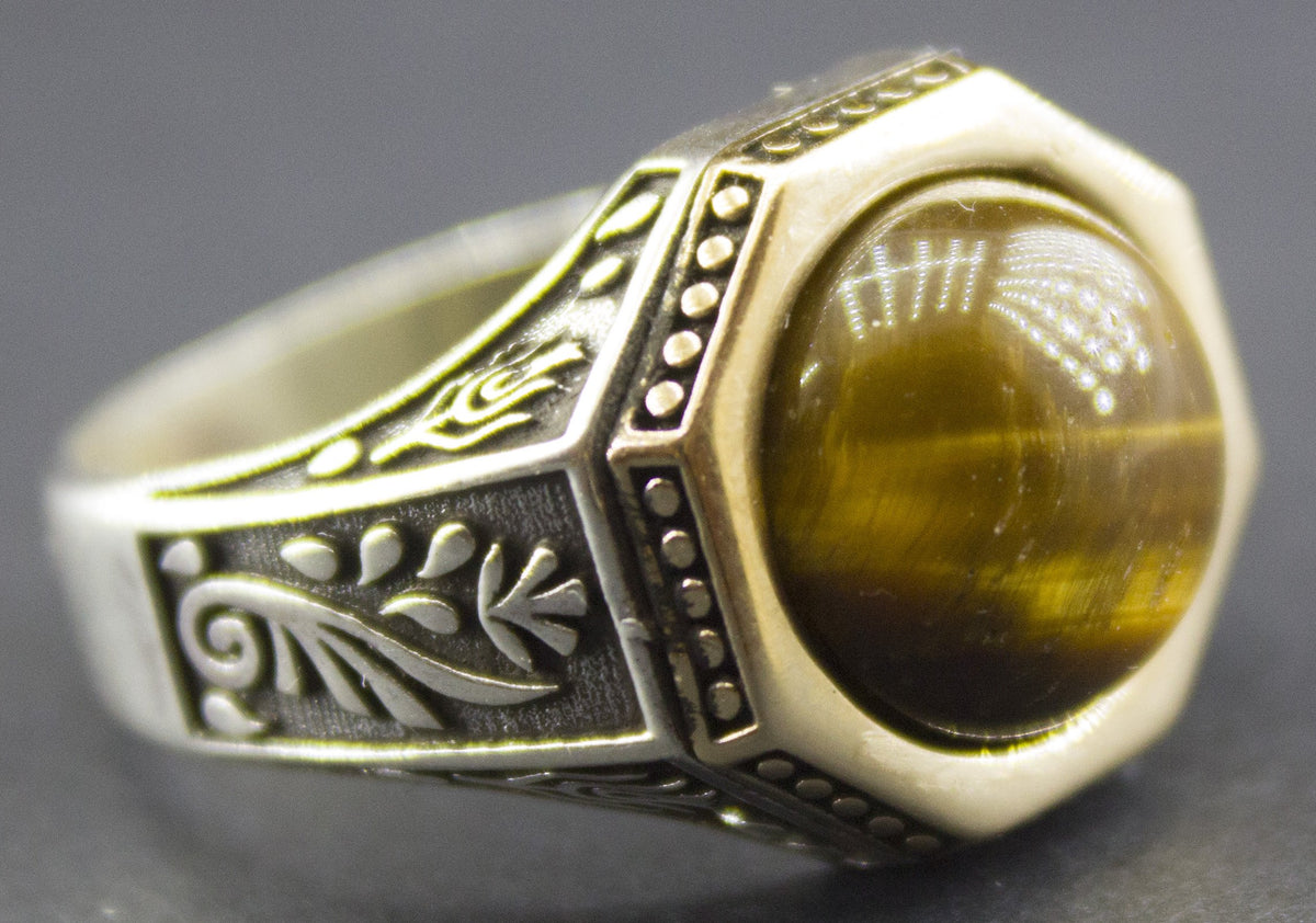 Silver Ring with Natural Tiger's Eye Gemstone - Men's Ring — 4