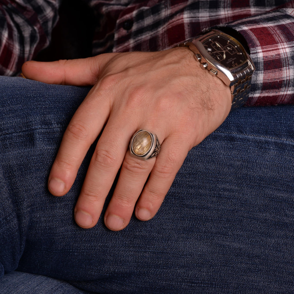 Natural Malachite Stone Silver Men's Ring — 3