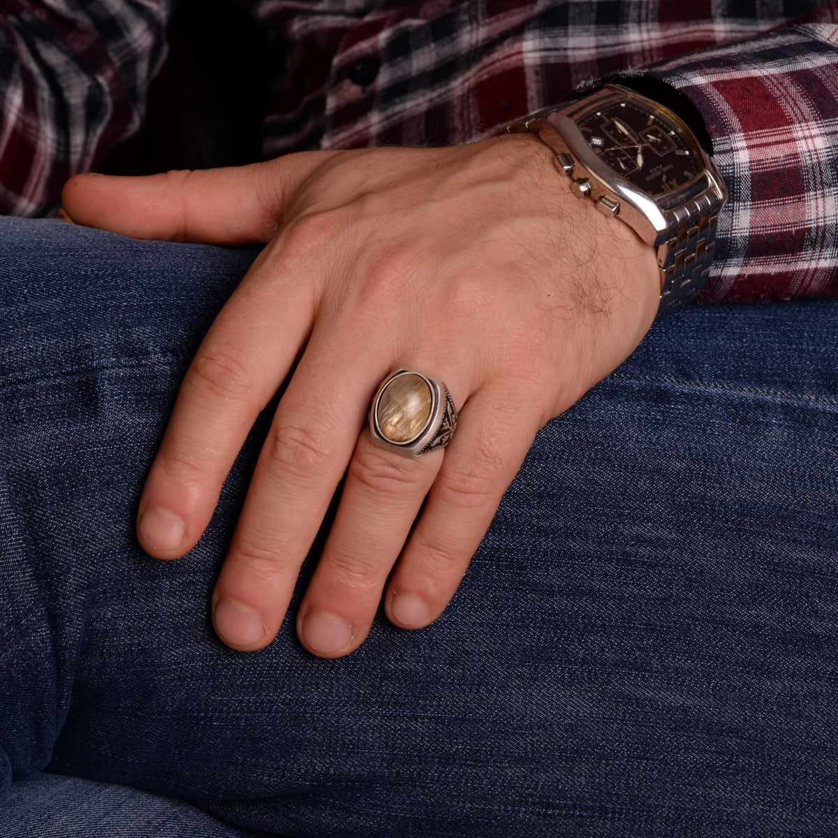 Natural Malachite Stone Silver Men's Ring — 3