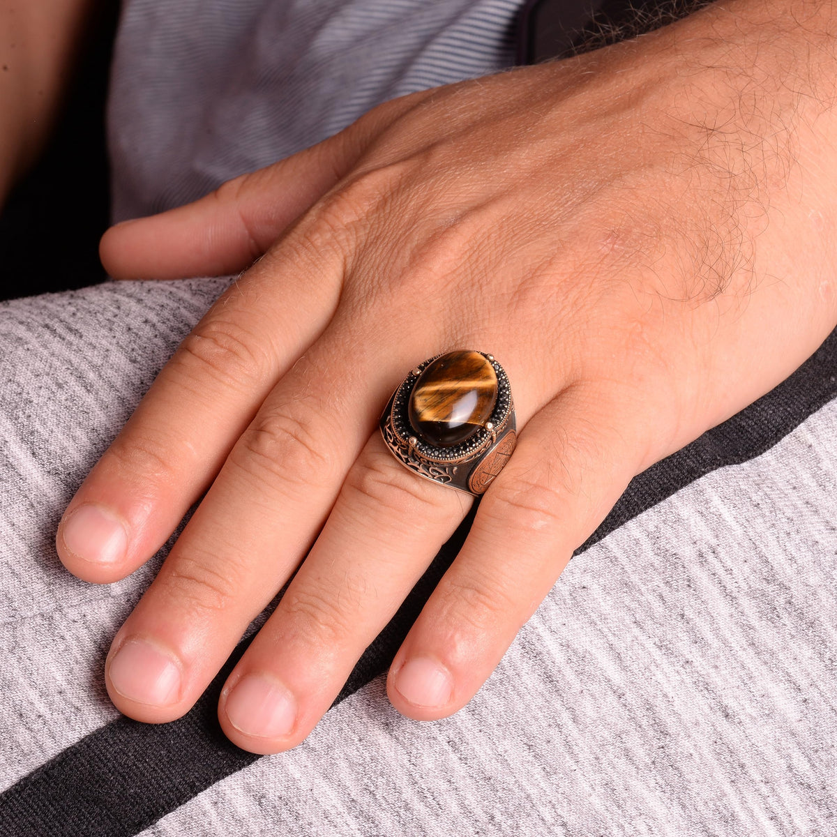 Handmade Natural Tiger Eye Stone Ring - 925 Sterling Silver Men's Jewelry — 3