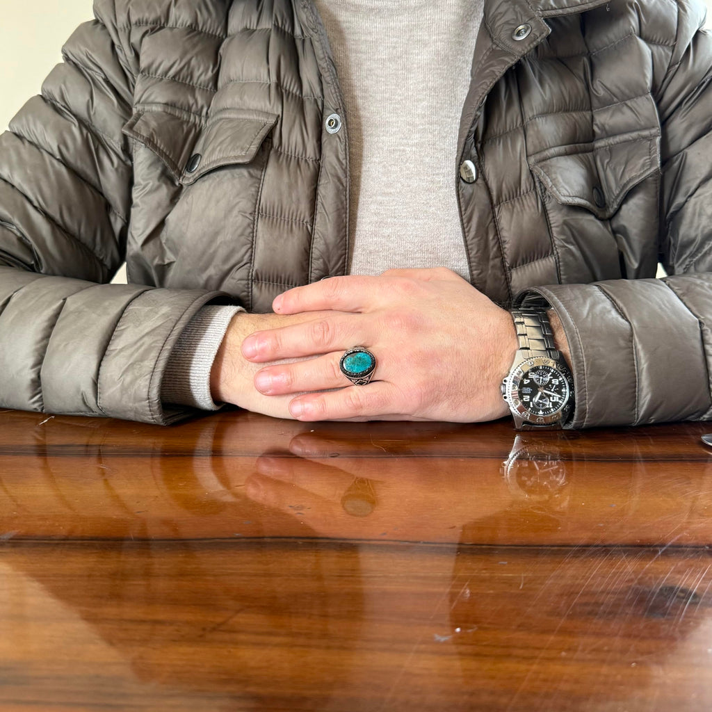KAMBO Natural Turquoise Stone 925 Sterling Silver Men's Ring - Seljuk Figure Pattern Vintage Statement Jewelry (Style-3) — 3