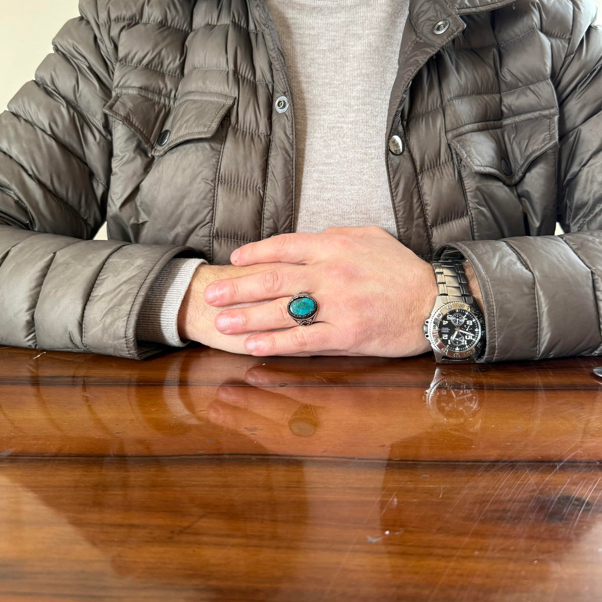 KAMBO Natural Turquoise Stone 925 Sterling Silver Men's Ring - Seljuk Figure Pattern Vintage Statement Jewelry (Style-3) — 3