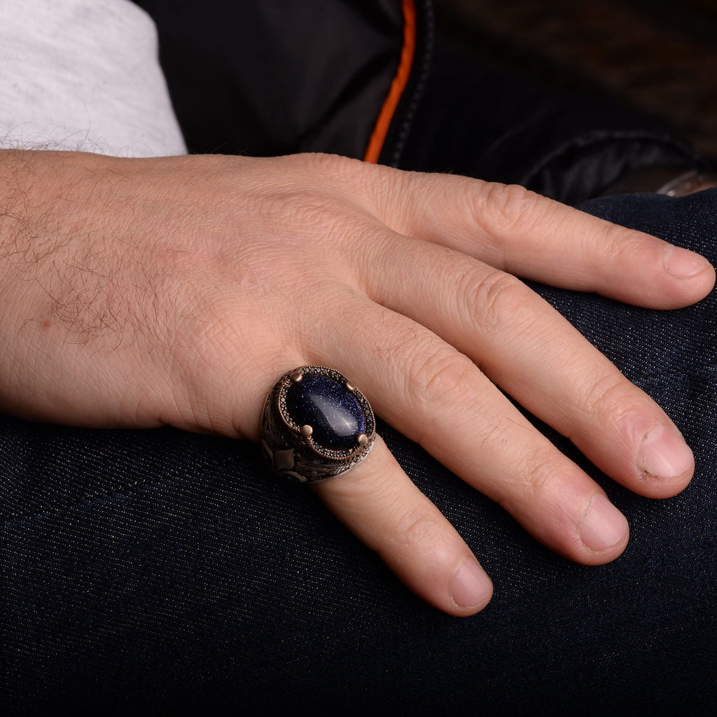 Blue Star Ring, Synthetic Blue Stone Ring, 925 Sterling Silver, Moon Star Men's Ring, Sky Blue Ring, Father's Day Gift — 6