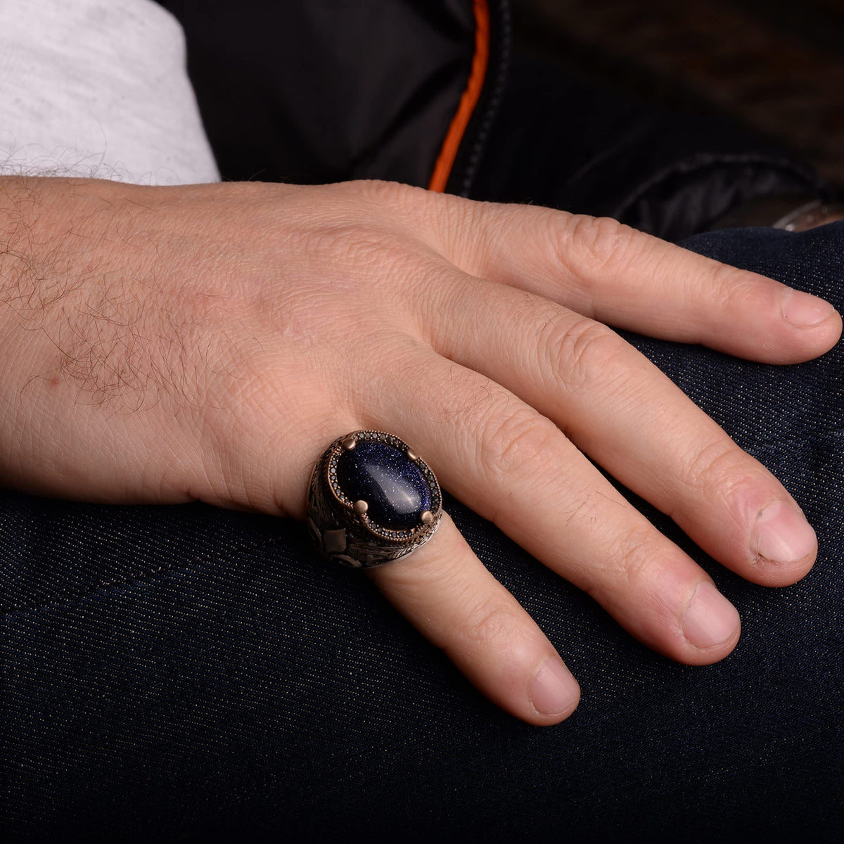 Blue Star Ring, Synthetic Blue Stone Ring, 925 Sterling Silver, Moon Star Men's Ring, Sky Blue Ring, Father's Day Gift — 6