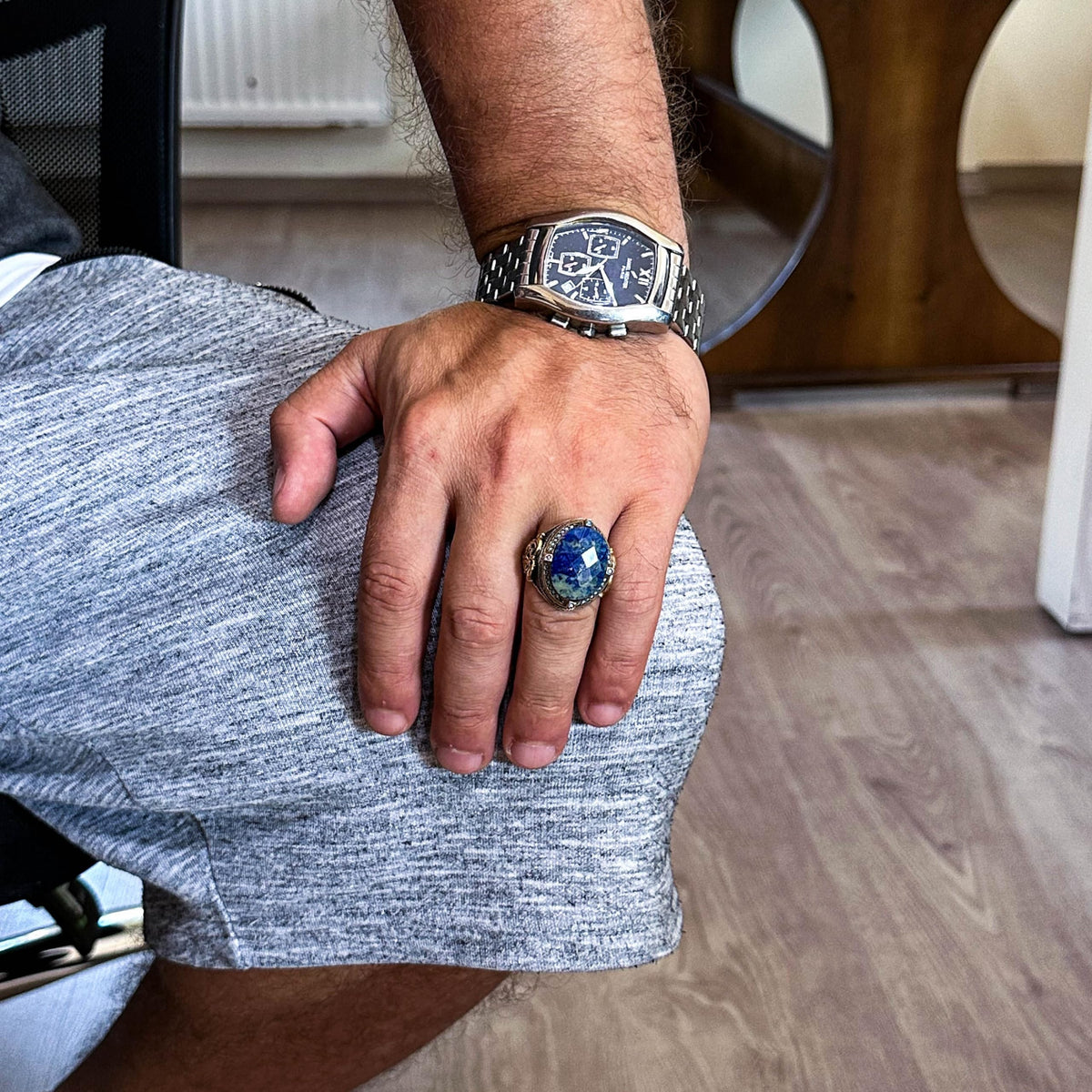 925 Sterling Silver Ring with Natural Sodalite Stone, Handmade Men's Expression Ring, Vintage Design — 3