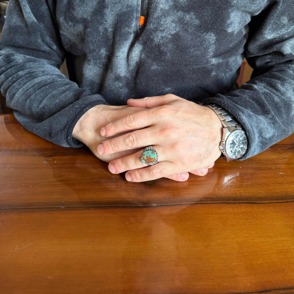 KAMBO Natural Turquoise Stone Men's Ring 925 Sterling Silver Oval Handmade Vintage Style Statement Ring (Turquoise-2) — 3