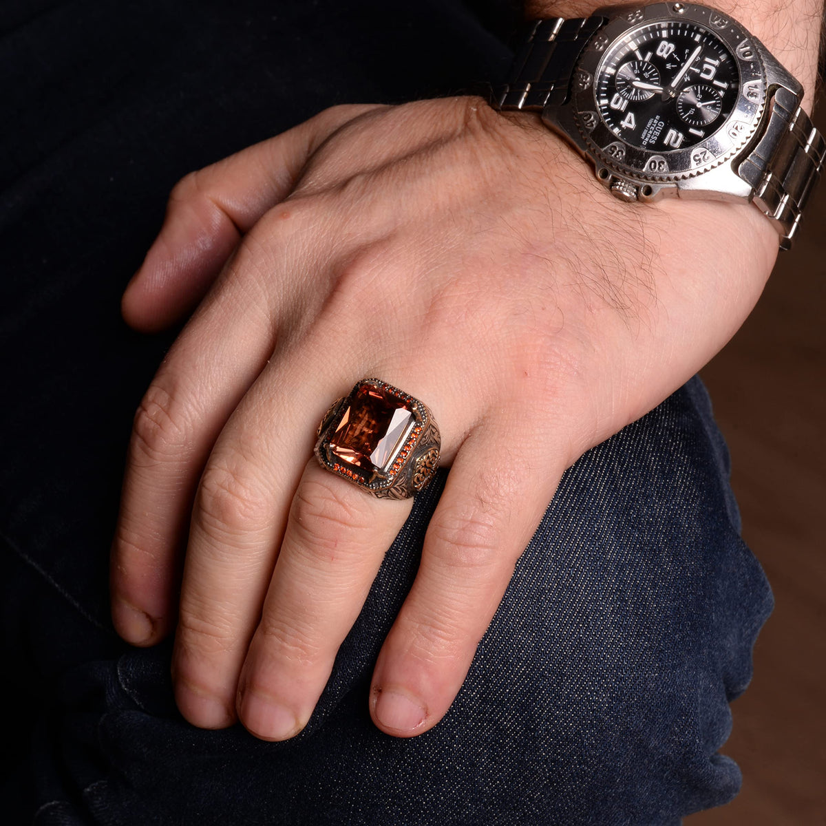 925 Sterling Silver Ring, Men's Ring with Synthetic Sunstone — 7