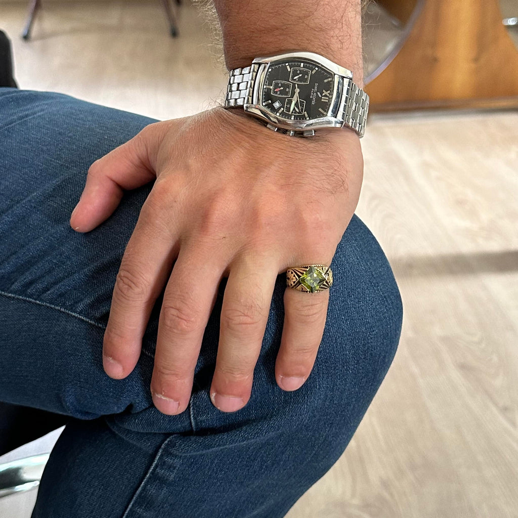 KAMBO Handmade Modern Men's Ring with Created Peridot Gemstone, Gold Plated 925 Sterling Silver, Elegant Statement Jewel
