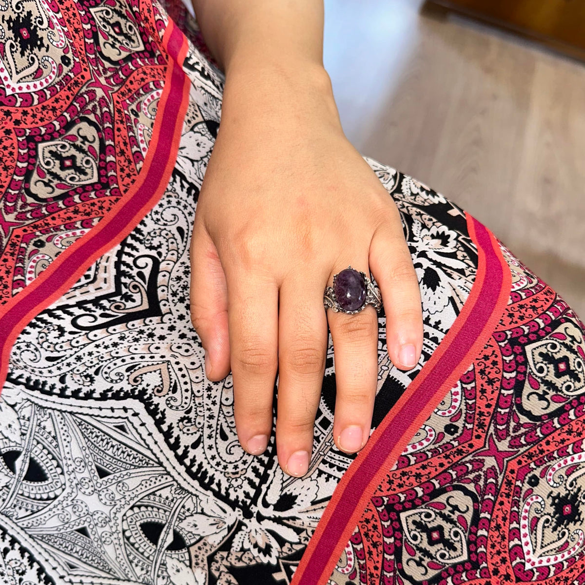 Vintage Bohemian Design Silver Women's Ring with Natural Cabochon Sapphire Stone — 3