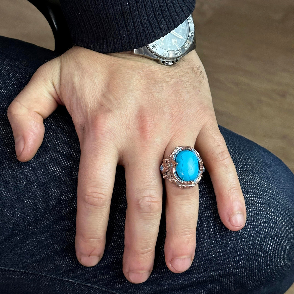 925 Sterling Silver Men's Ring, Artificial Turquoise Stone Ring — 3