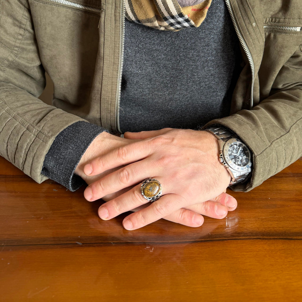 KAMBO Natural Stone Ring 925 Sterling Silver – Handmade Men's Statement Ring Healing Jewelry (Bronzite) — 3