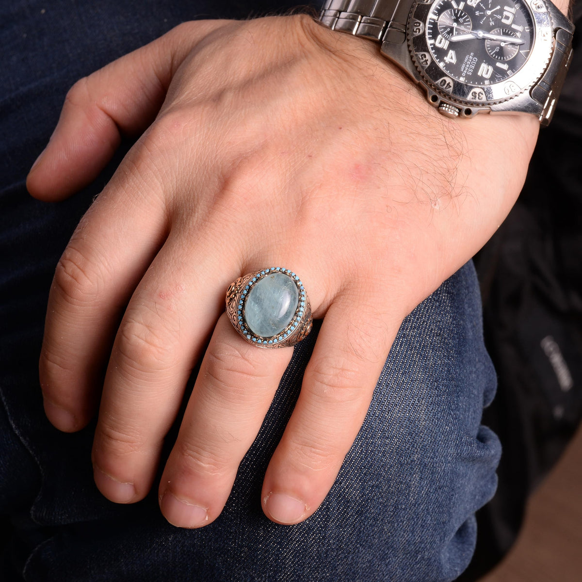 925 Sterling Silver Natural Aquamarine Stone Men's Ring - Handmade King Jewelry — 3