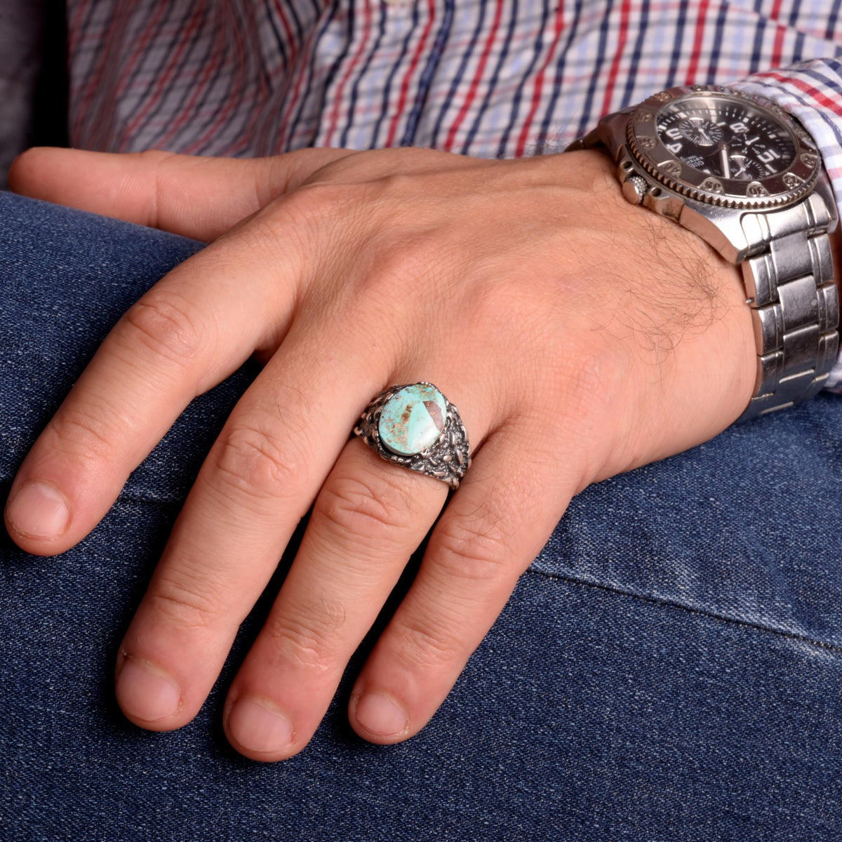 Natural Arizona Turquoise Stone Ring - 925 Sterling Silver Minimalist Ring (Model-4) — 3