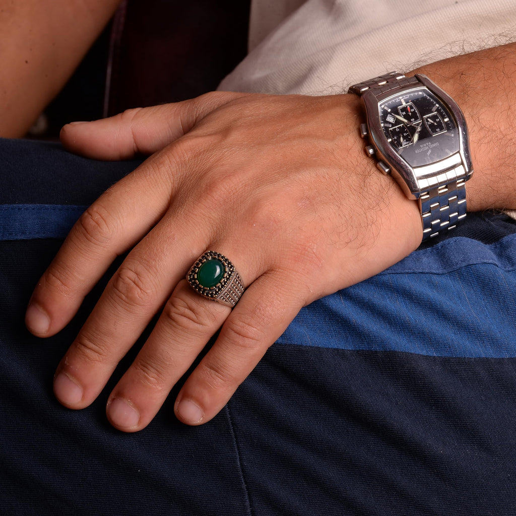 Falcon Jewelry Men's 925 Sterling Silver Ring, Natural Jade Gemstone (10)