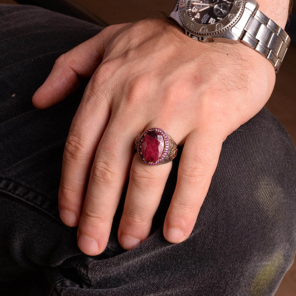 Natural Ruby Stone Ring, Ruby Ring, Silver Ring, Handmade Men's Ring, Pink — 3