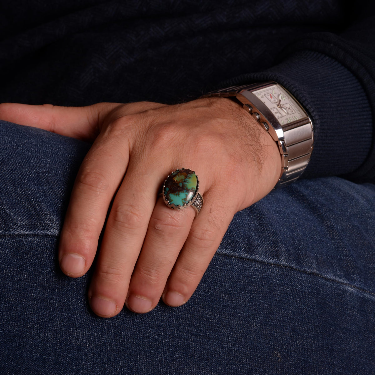 Natural Arizona Turquoise Stone Ring - 925 Sterling Silver (Model-6) — 3