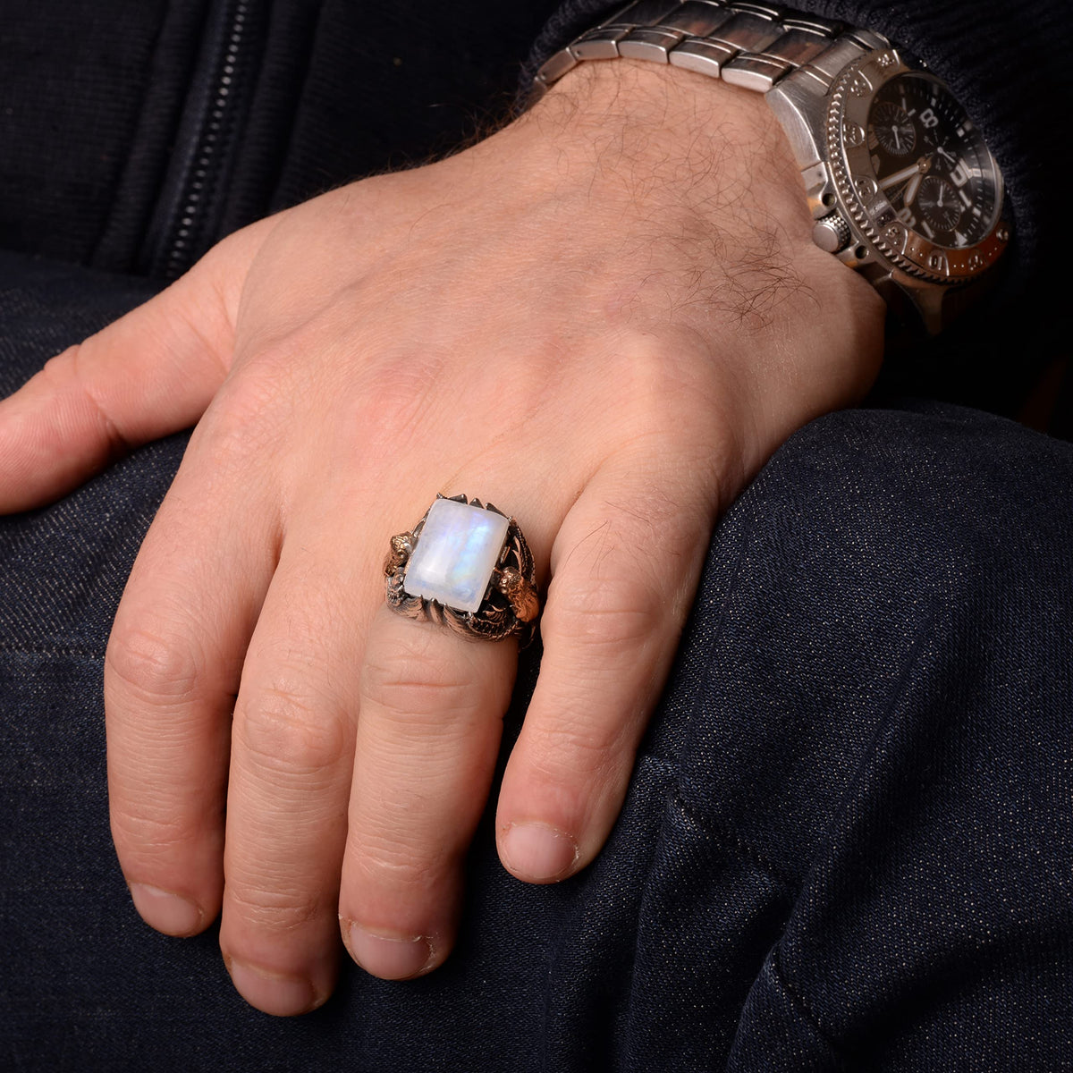 Natural Moonstone Eagle Men's Ring — 8